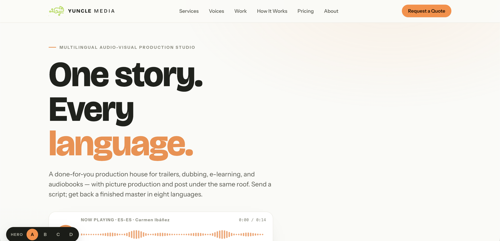 Screenshot of Yuncle Media multilingual voice-over website concept
